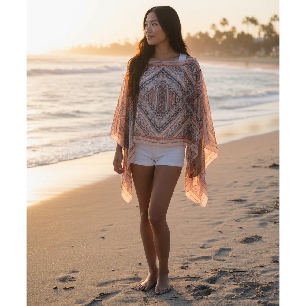 CROSSTREE LANE Pink Blush NWT Bohemian Boatneck Chiffon Poncho Top One Size